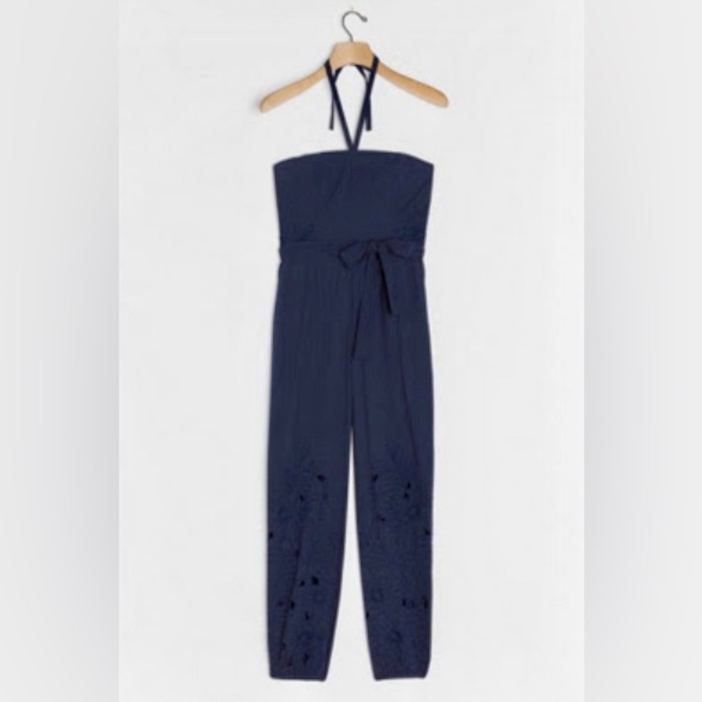 Anthropologie Blue Jumpsuit with halter straps, leg cut outs, pockets